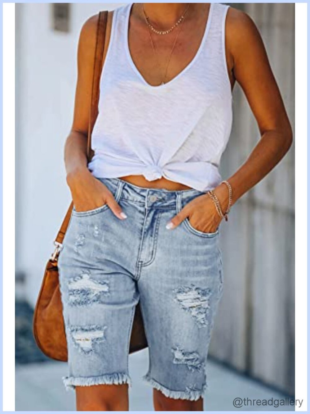 Mid Rise Ripped Denim Bermuda Shorts Stretchy 10 Inch Inseam - Picture 5 of 6